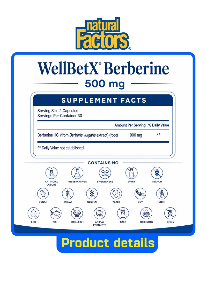 Natural Factors, WellBetX® Berberine, 1000mg per 2 capsules , 60 Vegetarian Capsules - Image 2