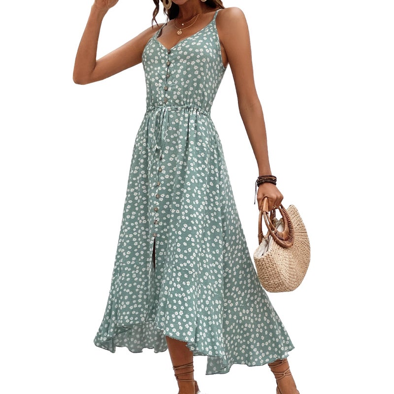 BROVAVE Women's 2025 Summer Casual Boho Sundress Polka Dot Spaghetti Strap V Neck Flowy Midi Dresses(008 Green#2, X-Large) - Image 1
