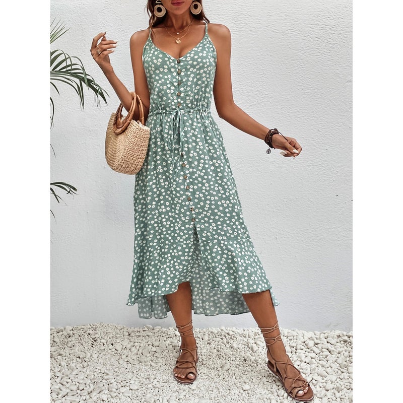BROVAVE Women's 2025 Summer Casual Boho Sundress Polka Dot Spaghetti Strap V Neck Flowy Midi Dresses(008 Green#2, X-Large) - Image 4