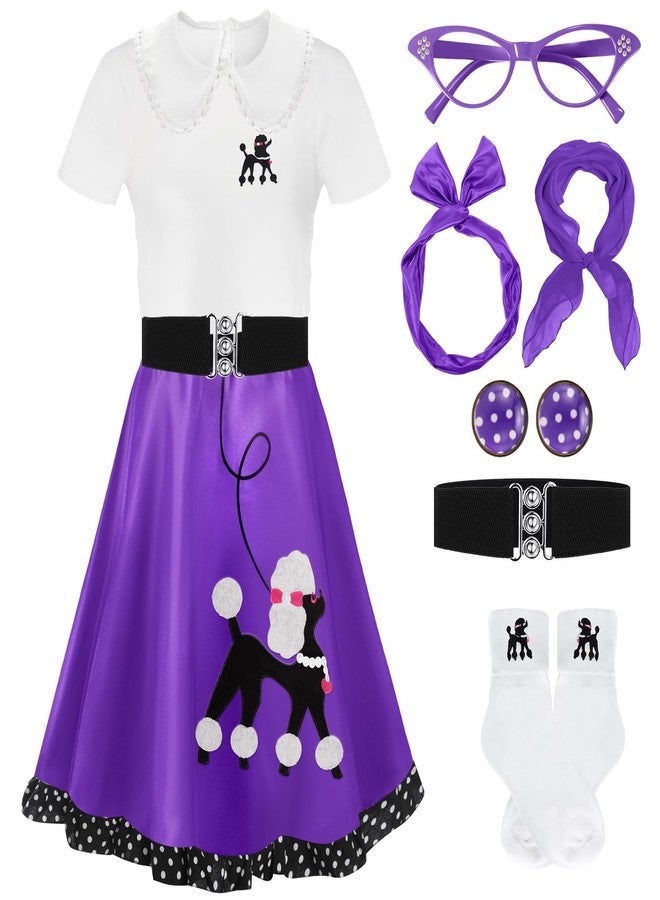 Vinsatin 8 Pcs 50s Poodle Skirt Costume Girls Kids Sock Hop Outfit 1950s Costume Accessories Birthday Halloween Cosplay(Purple,10-12 Years) - Image 1