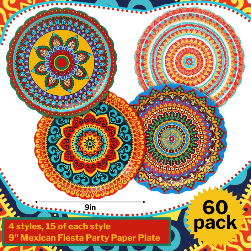FoldTier 60 Pcs Fiesta Mexican Paper Plates 9 Inch Cinco De Mayo Party Dessert Disposable Taco Party Plates for Decorations Birthday Supplies Cake Favors Baby Shower Safari (Fiesta) - Image 2