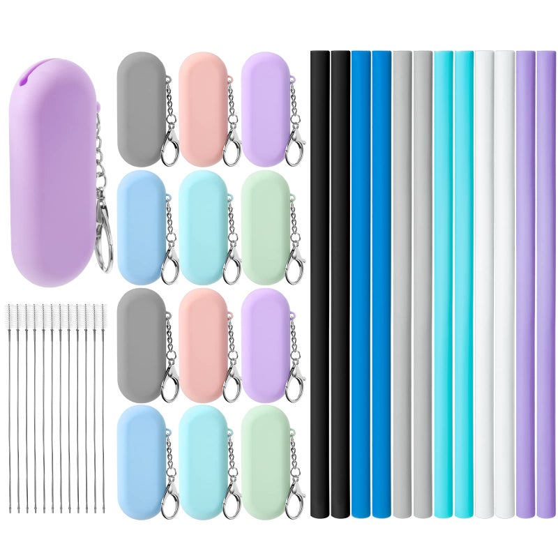 Perthlin Perthlin 12 Set Reusable Collapsible Straws with Case Silicone Travel Foldable Portable Drinking Straws with Carry Case and Cleaning Brushes for Home Party Travel Picnic 