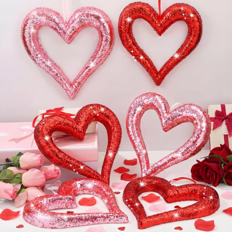 Lineshading 6 Pcs Large Heart Ornaments for Valentines 10'' 3D Glitter Heart Hanging Ornament for Tree Wreath Door Home Window Valentine's Day Wedding Holiday Decor(Red and Pink,Coarse Glitter) - Image 2