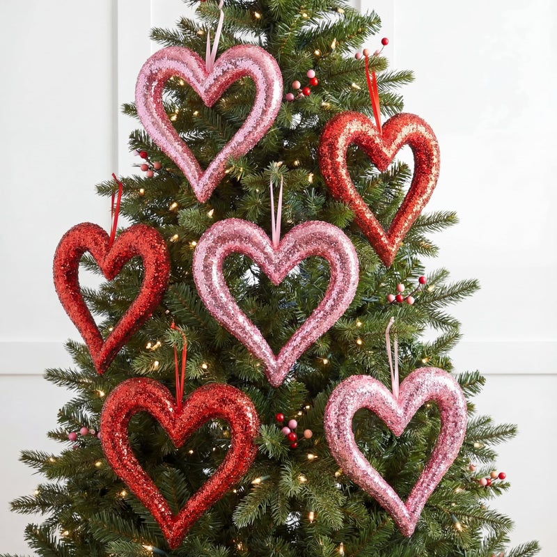 Lineshading 6 Pcs Large Heart Ornaments for Valentines 10'' 3D Glitter Heart Hanging Ornament for Tree Wreath Door Home Window Valentine's Day Wedding Holiday Decor(Red and Pink,Coarse Glitter) - Image 4