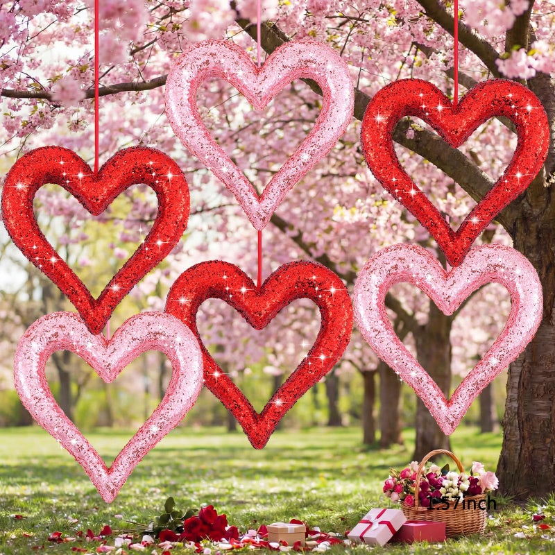 Lineshading 6 Pcs Large Heart Ornaments for Valentines 10'' 3D Glitter Heart Hanging Ornament for Tree Wreath Door Home Window Valentine's Day Wedding Holiday Decor(Red and Pink,Coarse Glitter) - Image 1