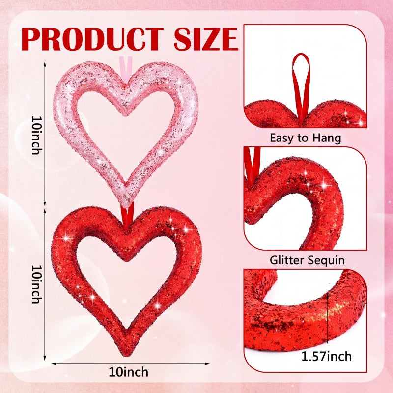 Lineshading 6 Pcs Large Heart Ornaments for Valentines 10'' 3D Glitter Heart Hanging Ornament for Tree Wreath Door Home Window Valentine's Day Wedding Holiday Decor(Red and Pink,Coarse Glitter) - Image 3