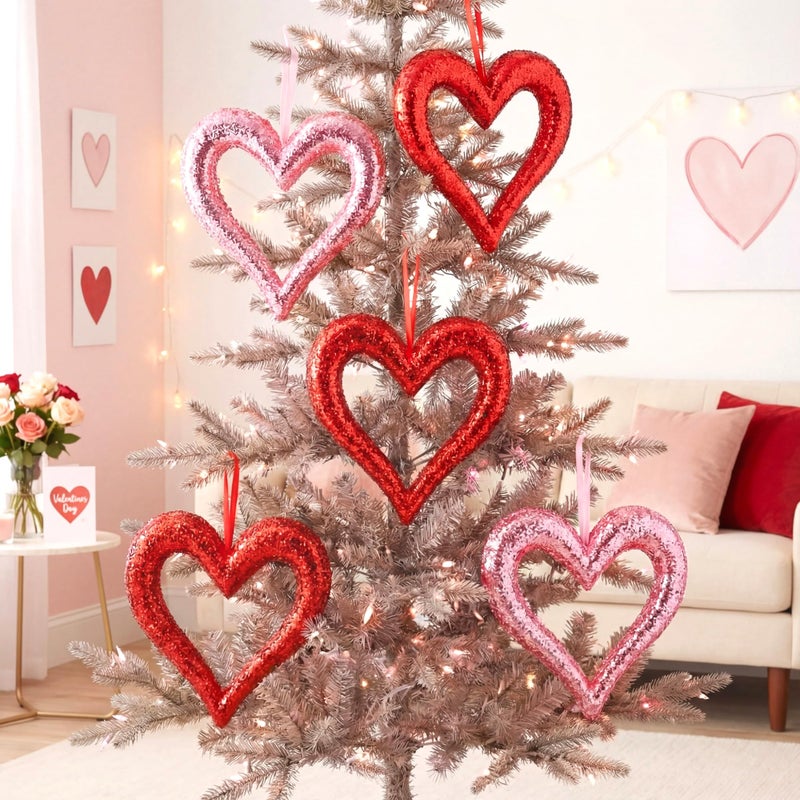 Lineshading 6 Pcs Large Heart Ornaments for Valentines 10'' 3D Glitter Heart Hanging Ornament for Tree Wreath Door Home Window Valentine's Day Wedding Holiday Decor(Red and Pink,Coarse Glitter) - Image 5