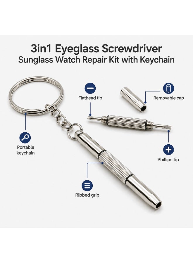 Mini Precision Keychain Screwdriver, Silver Double-Ended Phillips and Flathead Repair Tool with Ribbed Grip and Removable Cap for Eyeglasses and Watches - Image 4
