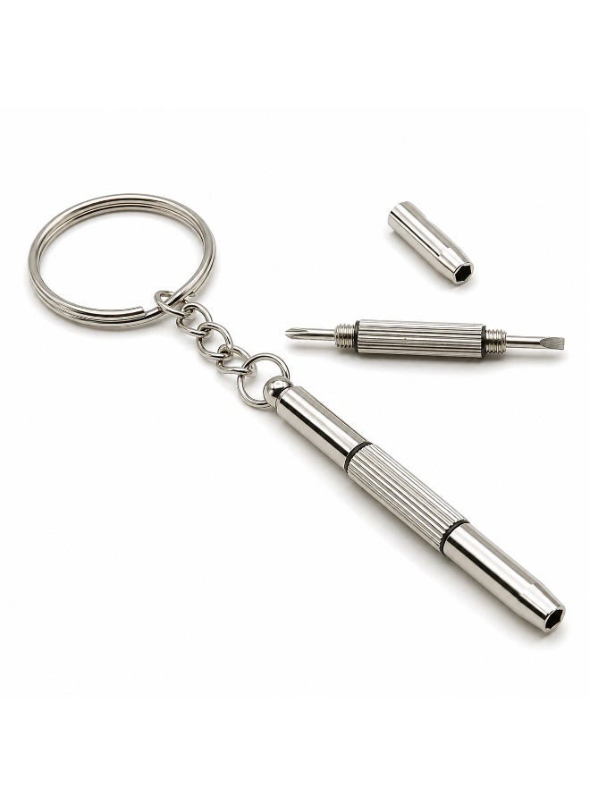 Mini Precision Keychain Screwdriver, Silver Double-Ended Phillips and Flathead Repair Tool with Ribbed Grip and Removable Cap for Eyeglasses and Watches - Image 1