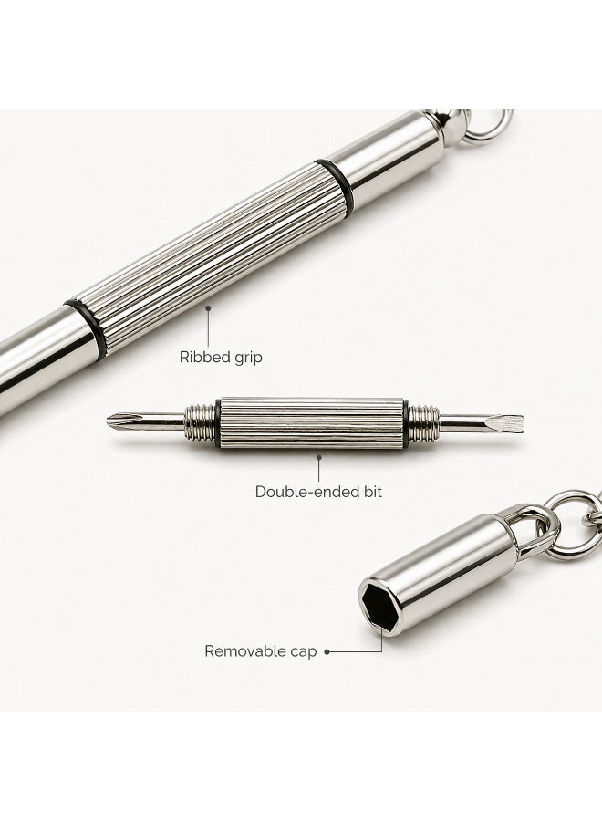Mini Precision Keychain Screwdriver, Silver Double-Ended Phillips and Flathead Repair Tool with Ribbed Grip and Removable Cap for Eyeglasses and Watches - Image 3