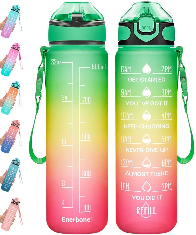 32 OZ DRINKING WATER BOTTLE WITH TIMES TO DRINK AND STRAW MOTIVATIONAL WITH CARRYING STRAP LEAKPROOF BPA TOXIC FREE ENSURE YOU DRINK ENOUGH WATER FOR FITNESS GYM OUTDOOR