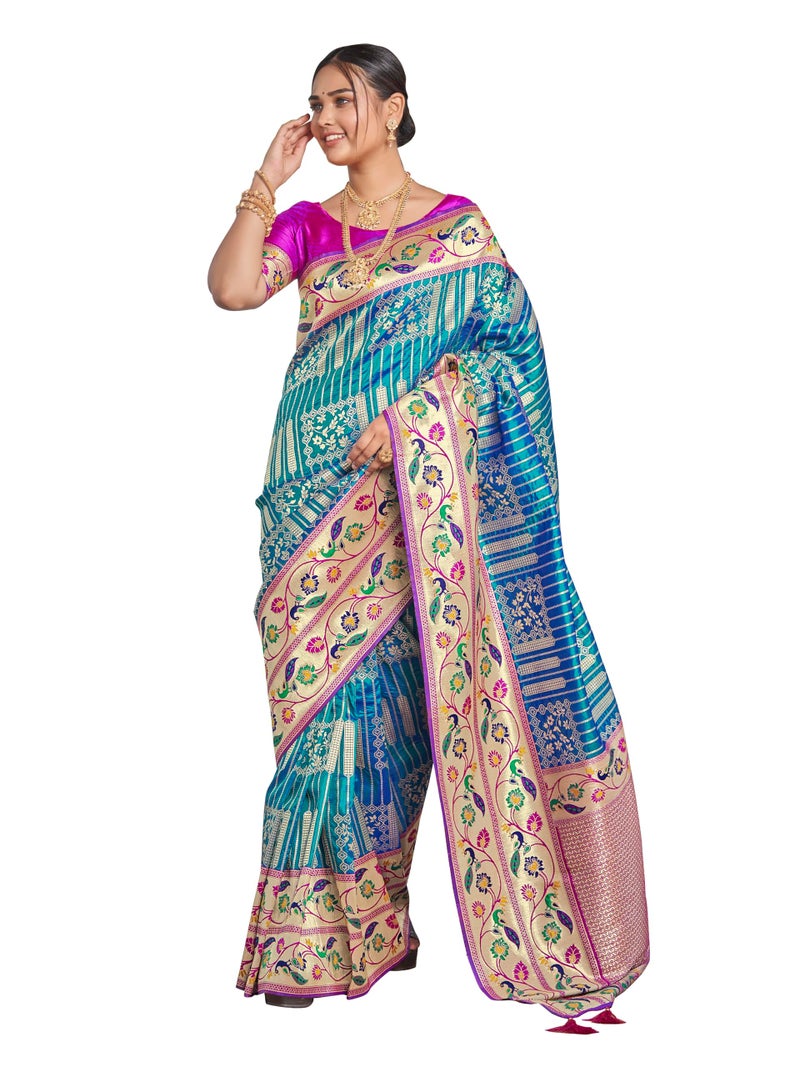 MANOHARI Women's Most Trendy Banarasi Woven Blue with Purple Saree With Heavy Jacquard Work Saree With Blouse Piece - Image 1