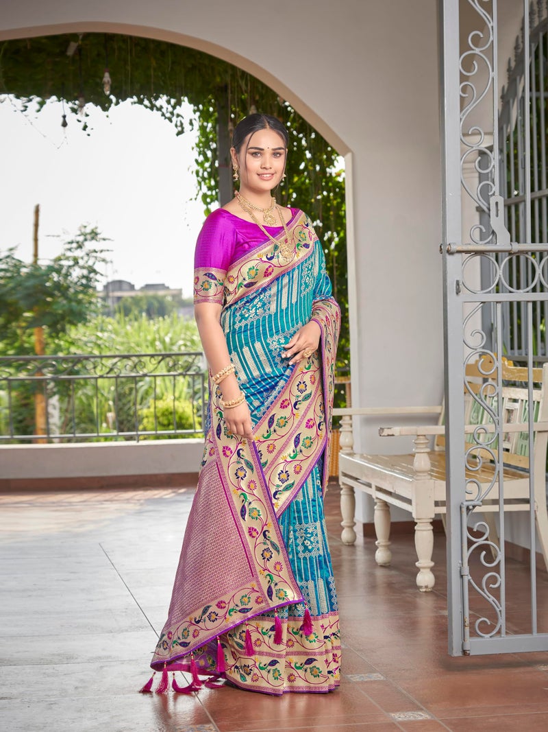MANOHARI Women's Most Trendy Banarasi Woven Blue with Purple Saree With Heavy Jacquard Work Saree With Blouse Piece - Image 5