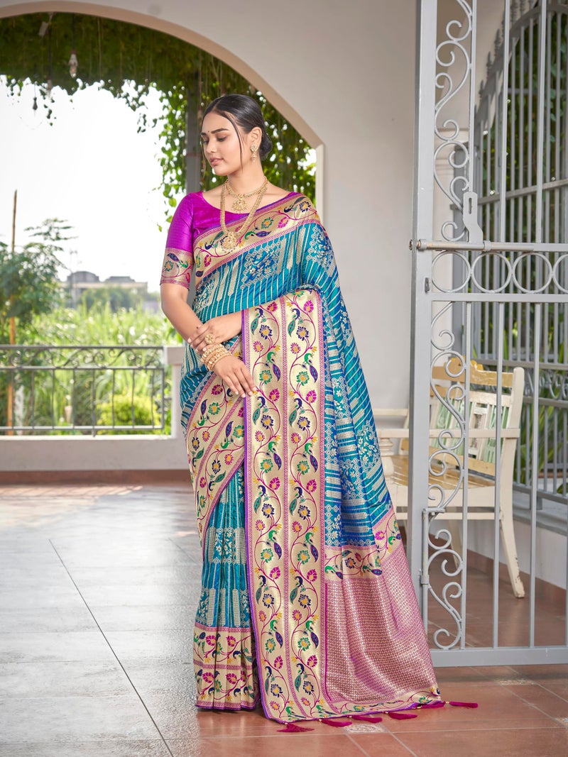 MANOHARI Women's Most Trendy Banarasi Woven Blue with Purple Saree With Heavy Jacquard Work Saree With Blouse Piece - Image 2