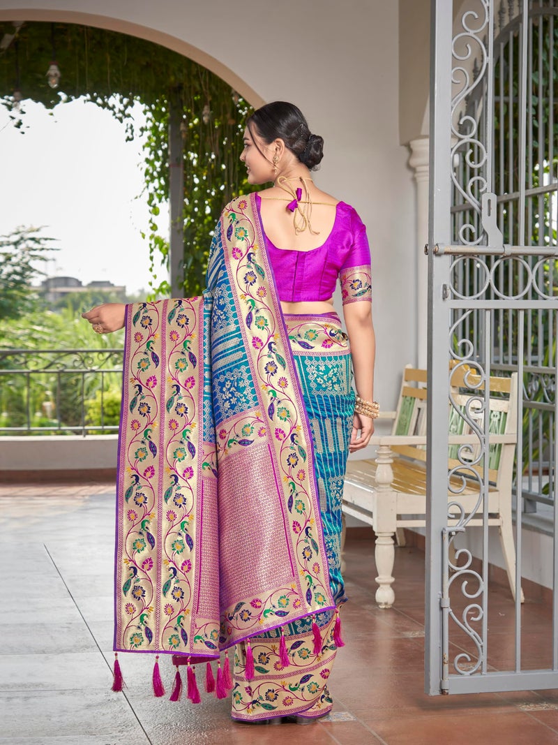 MANOHARI Women's Most Trendy Banarasi Woven Blue with Purple Saree With Heavy Jacquard Work Saree With Blouse Piece - Image 4