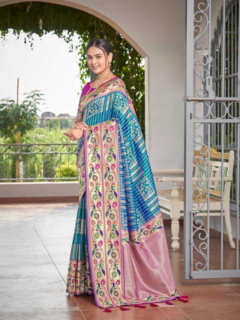 MANOHARI Women's Most Trendy Banarasi Woven Blue with Purple Saree With Heavy Jacquard Work Saree With Blouse Piece - Image 3