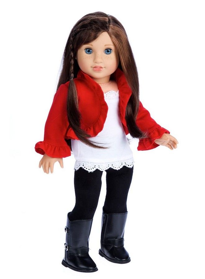 Uptown Girl 4 Piece Outfit Red Ruffled Jacket, White Tank Top, Black Leggings And Boots Clothes Fits 18 Inch Doll (Doll Not Included) - Image 1