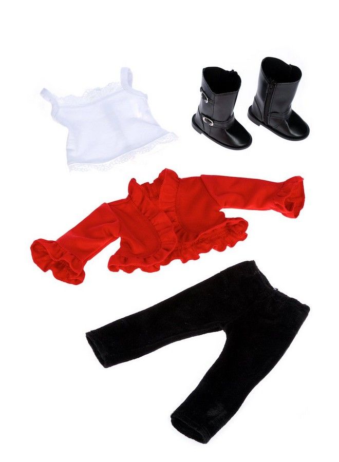 Uptown Girl 4 Piece Outfit Red Ruffled Jacket, White Tank Top, Black Leggings And Boots Clothes Fits 18 Inch Doll (Doll Not Included) - Image 3