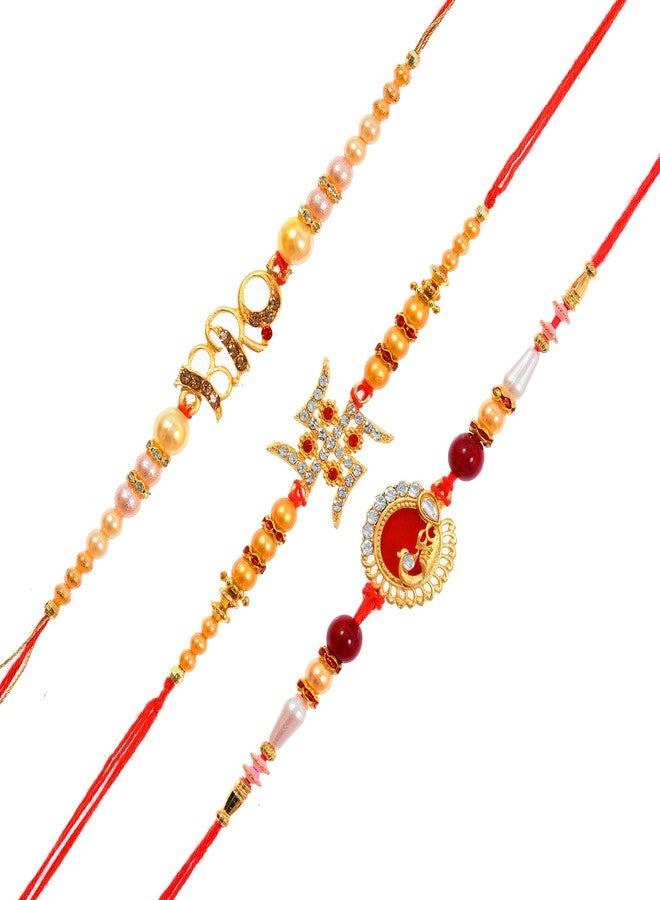 prideKraft | Designer Brother Bhai Bro Rakhi Set | Family Sister Kids Rakhi | Pack Of 3 Rakhi | 1 Roli Rice Combo | 1 Greeting Card - Image 1