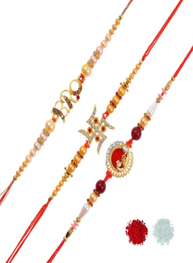 prideKraft | Designer Brother Bhai Bro Rakhi Set | Family Sister Kids Rakhi | Pack Of 3 Rakhi | 1 Roli Rice Combo | 1 Greeting Card - Image 2