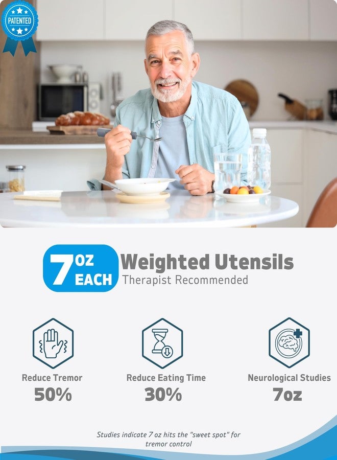 BaseSmall Adaptive Utensils (4-Piece Kitchen Set) Weighted 7 oz - 42° Angled Utensils for Parkinson's Patients, Hand Tremors, Arthritis & Elderly - Eating Utensils for Elderly (Right Handed) - Image 2
