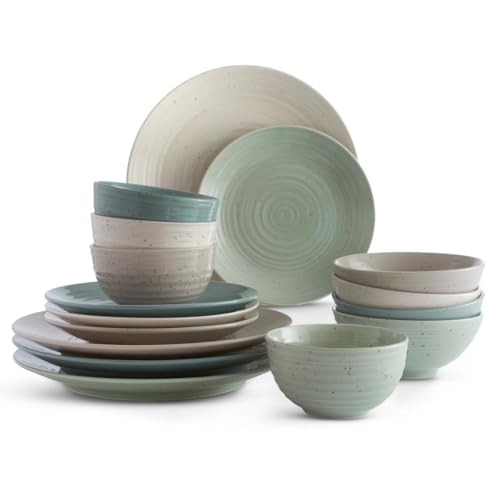 Sango Siterra Artist's Blend 16-Piece Stoneware Dinnerware Set for 4, Green, Cream & White Glossy Dishes with Speckles, Ceramic Plates and Bowls Sets for Everyday Dining, Microwave & Dishwasher Safe - Image 5