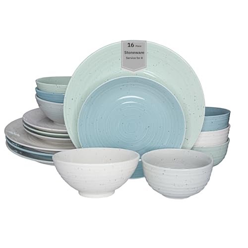 Sango Siterra Artist's Blend 16-Piece Stoneware Dinnerware Set for 4, Green, Cream & White Glossy Dishes with Speckles, Ceramic Plates and Bowls Sets for Everyday Dining, Microwave & Dishwasher Safe - Image 1