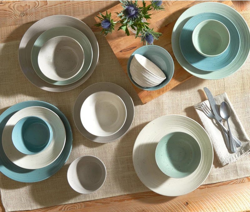 Sango Siterra Artist's Blend 16-Piece Stoneware Dinnerware Set for 4, Green, Cream & White Glossy Dishes with Speckles, Ceramic Plates and Bowls Sets for Everyday Dining, Microwave & Dishwasher Safe - Image 3