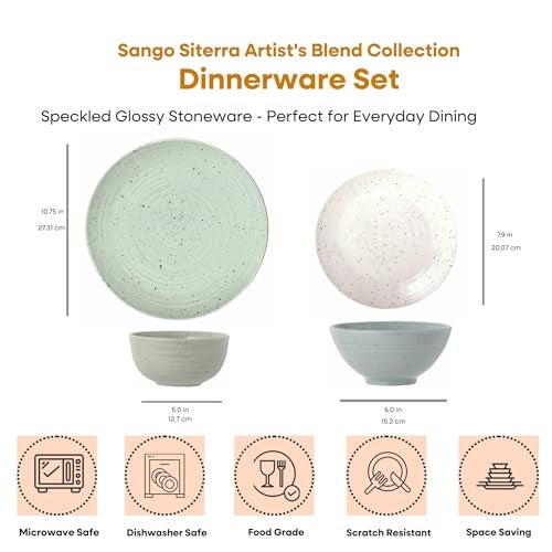 Sango Siterra Artist's Blend 16-Piece Stoneware Dinnerware Set for 4, Green, Cream & White Glossy Dishes with Speckles, Ceramic Plates and Bowls Sets for Everyday Dining, Microwave & Dishwasher Safe - Image 2