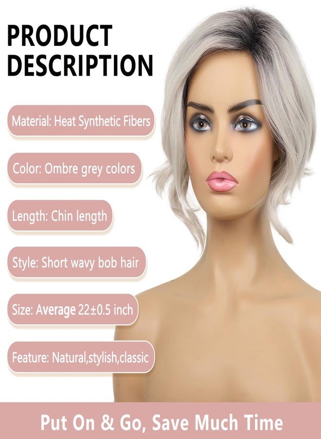 TISHINING Ombre Grey Short Wavy Bob Wigs for Black Women Chin Length Mixed Gray Layered Wavy Wigs with Dark Roots Synthetic Natural Looking Daily Party Wigs for Women - Image 3