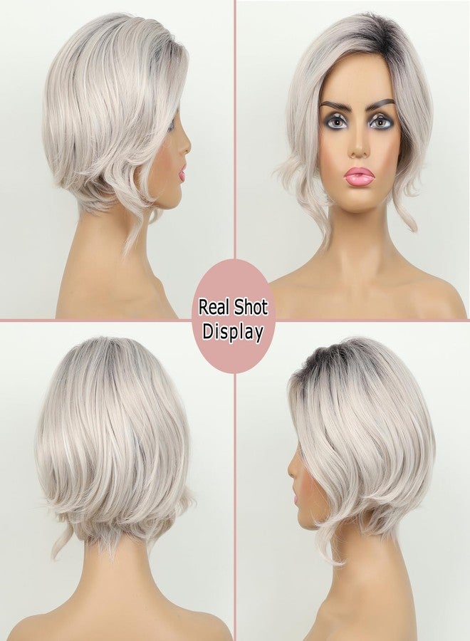 TISHINING Ombre Grey Short Wavy Bob Wigs for Black Women Chin Length Mixed Gray Layered Wavy Wigs with Dark Roots Synthetic Natural Looking Daily Party Wigs for Women - Image 2