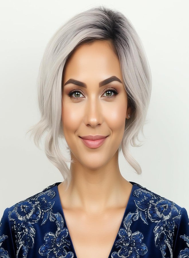 TISHINING Ombre Grey Short Wavy Bob Wigs for Black Women Chin Length Mixed Gray Layered Wavy Wigs with Dark Roots Synthetic Natural Looking Daily Party Wigs for Women - Image 1