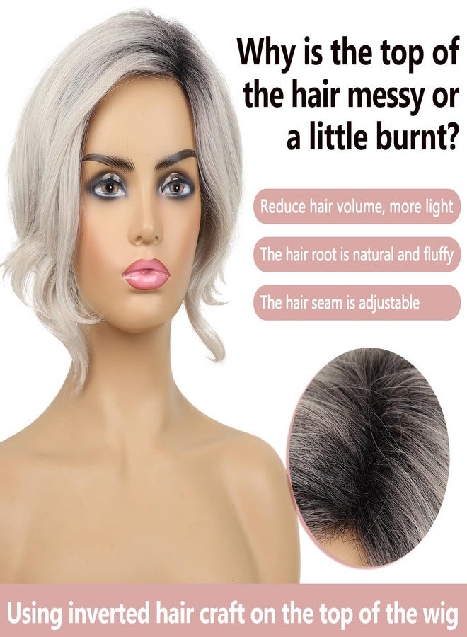 TISHINING Ombre Grey Short Wavy Bob Wigs for Black Women Chin Length Mixed Gray Layered Wavy Wigs with Dark Roots Synthetic Natural Looking Daily Party Wigs for Women - Image 4
