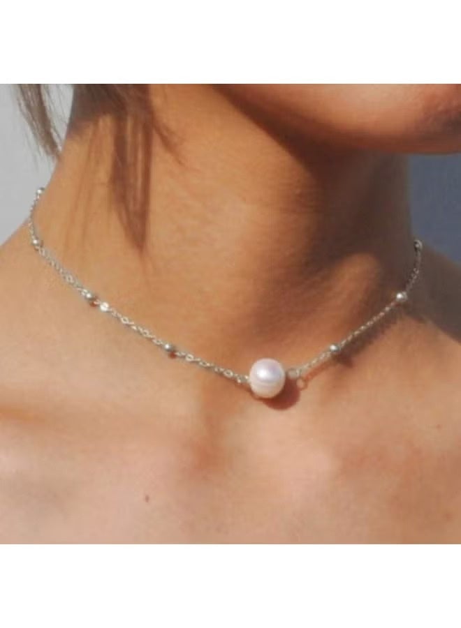 Single Pearl Choker Necklace Silver Pearl Pendant Necklace Chain Boho Satellite Necklaces Jewelry for Women and Girls