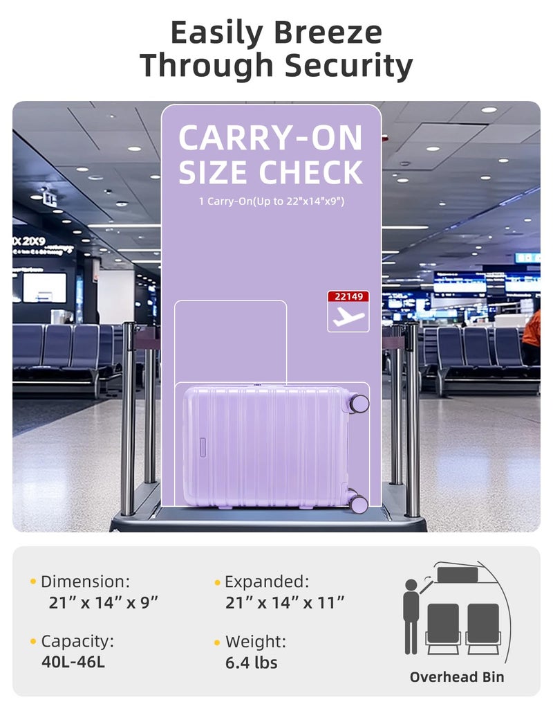 LARVENDER Carry On Luggage 22x14x9 Airline Approved, 20 Inch Expandable PC+ABS Hardside Suitcase Carry On Luggage with Spinner Wheels TSA Lock for Women Men (Lavender) - Image 3