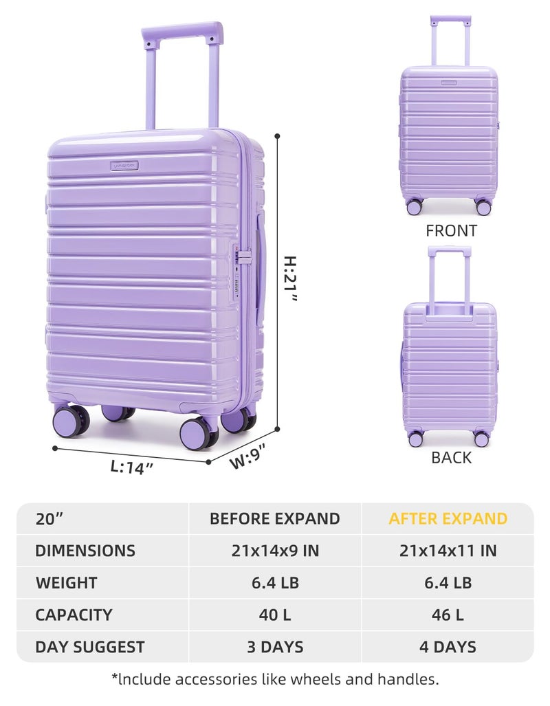 LARVENDER Carry On Luggage 22x14x9 Airline Approved, 20 Inch Expandable PC+ABS Hardside Suitcase Carry On Luggage with Spinner Wheels TSA Lock for Women Men (Lavender) - Image 5