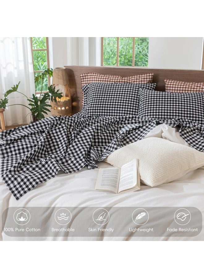 MooMee Gingham Sheet Set 100% Washed Cotton Linen Like Textured Breathable Soft w/ Fully Elasticized 16-19" Deep Pocket (Classic Gingham Black White, King) - Image 4