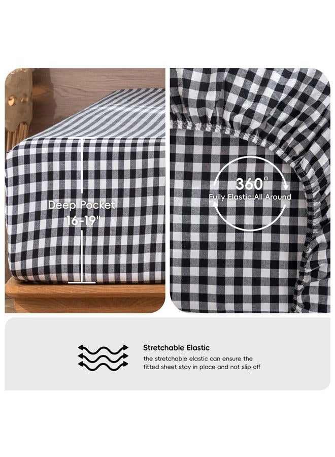MooMee Gingham Sheet Set 100% Washed Cotton Linen Like Textured Breathable Soft w/ Fully Elasticized 16-19" Deep Pocket (Classic Gingham Black White, King) - Image 5