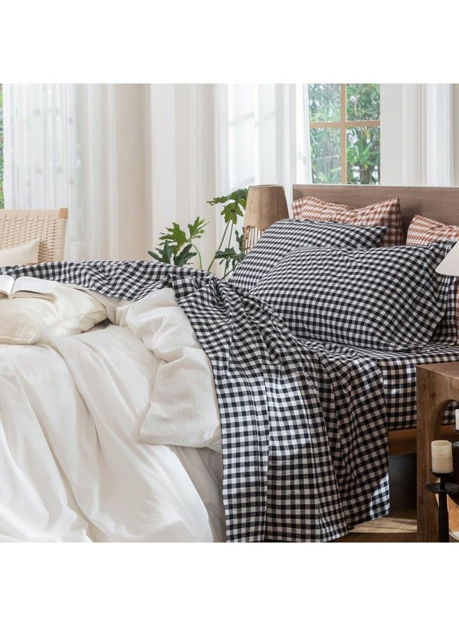 MooMee Gingham Sheet Set 100% Washed Cotton Linen Like Textured Breathable Soft w/ Fully Elasticized 16-19" Deep Pocket (Classic Gingham Black White, King) - Image 1