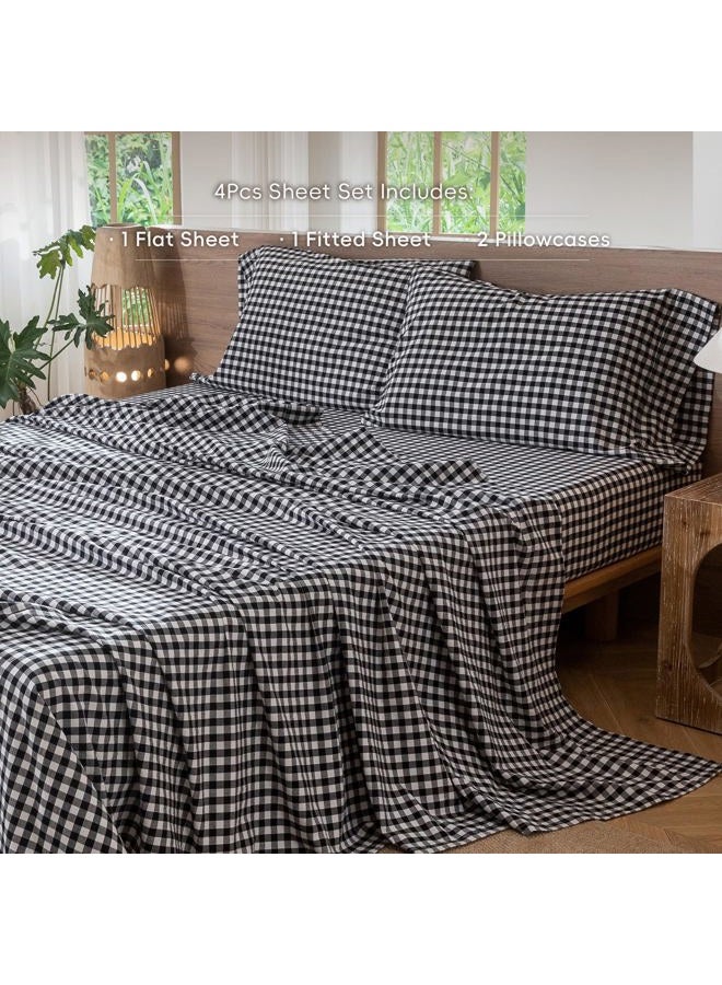 MooMee Gingham Sheet Set 100% Washed Cotton Linen Like Textured Breathable Soft w/ Fully Elasticized 16-19" Deep Pocket (Classic Gingham Black White, King) - Image 2