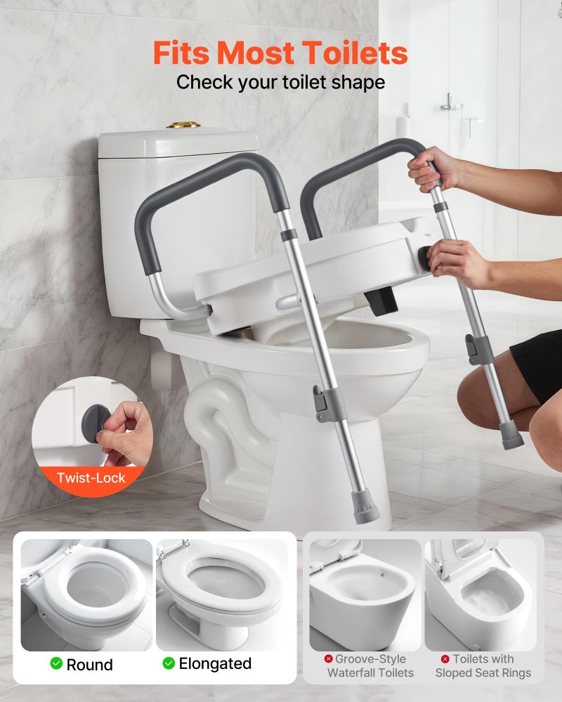 VEVOR Raised Toilet Seat with Arms, 350 lbs Capacity, 5-Inch Lift Height & Adjustable Width, Widened Commode Elevated Toilet Seat Riser with Handles for Seniors, Elderly, Handicap, Disabled, Adults - Image 3