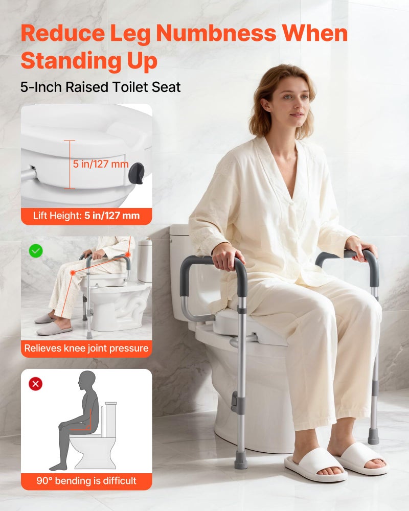 VEVOR Raised Toilet Seat with Arms, 350 lbs Capacity, 5-Inch Lift Height & Adjustable Width, Widened Commode Elevated Toilet Seat Riser with Handles for Seniors, Elderly, Handicap, Disabled, Adults - Image 2