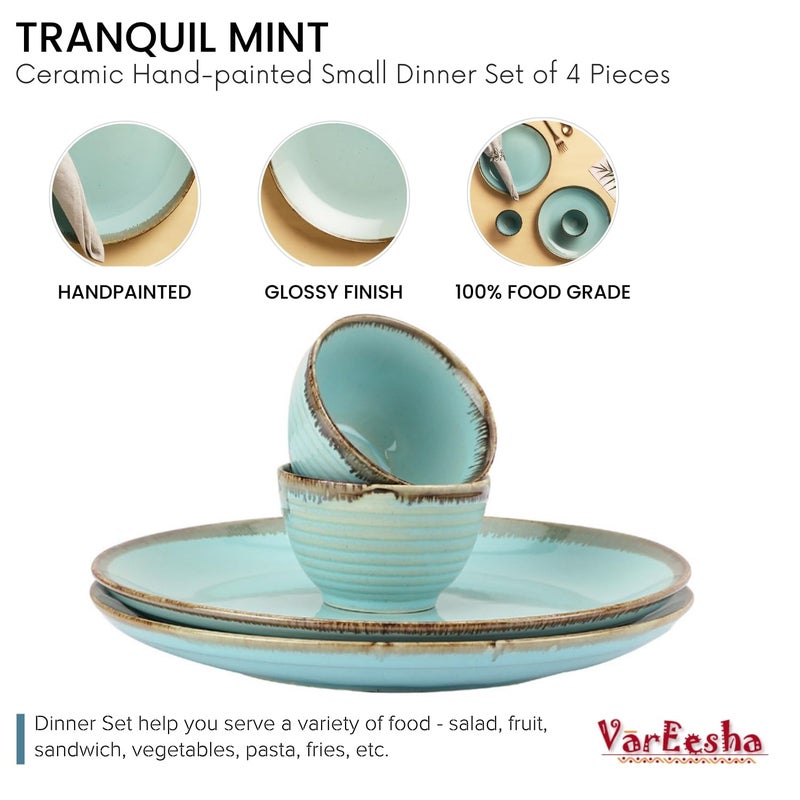 VarEesha Tranquil Mint Ceramic Four Piece Small Dinner Set - Two Plates & Two Veg Bowls| Microwave and Dishwasher Safe|Bone Ash Free - Image 2