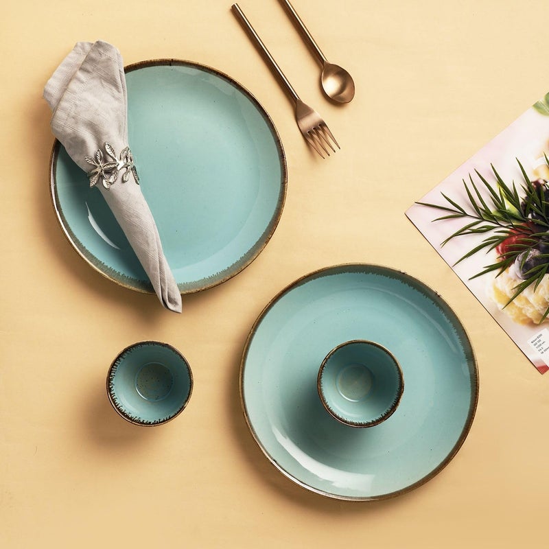 VarEesha Tranquil Mint Ceramic Four Piece Small Dinner Set - Two Plates & Two Veg Bowls| Microwave and Dishwasher Safe|Bone Ash Free - Image 1