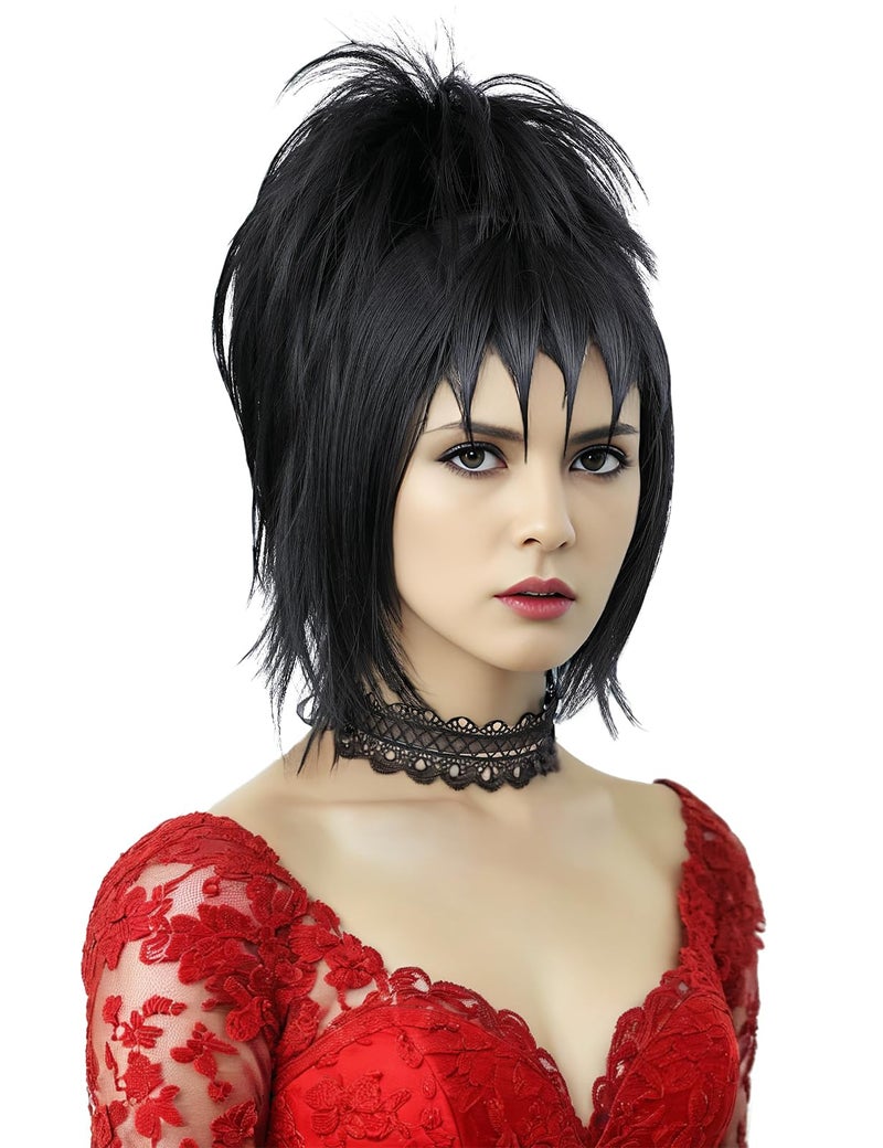 morvally Black Wig with Bun and Choker for Women Black Wig with Bangs for Witch Halloween Costume Cosplay (Short Length Hair) - Image 3