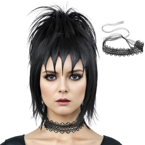 morvally Black Wig with Bun and Choker for Women Black Wig with Bangs for Witch Halloween Costume Cosplay (Short Length Hair) - Image 1
