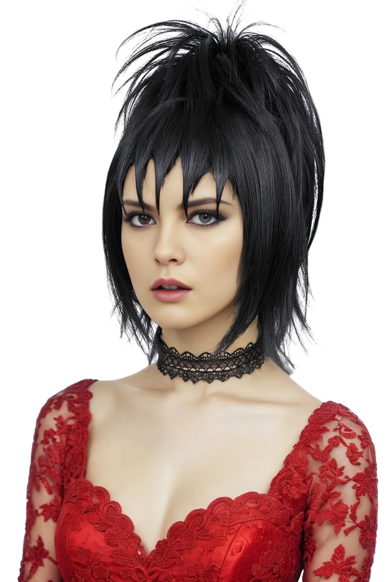 morvally Black Wig with Bun and Choker for Women Black Wig with Bangs for Witch Halloween Costume Cosplay (Short Length Hair) - Image 2