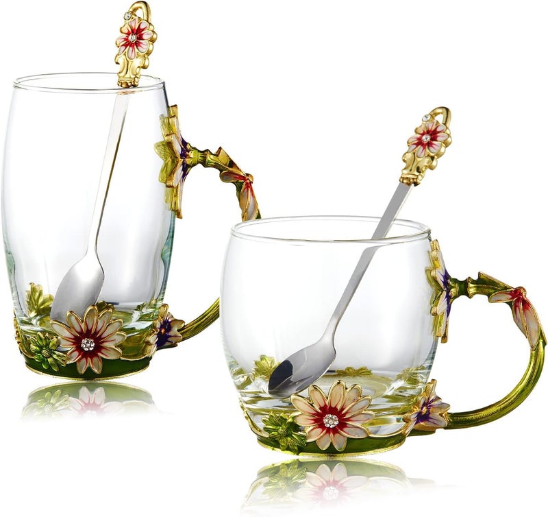 DUMVOIN Glass Fancy Tea Cup Set Birthday Christmas Valentines Day Gift Idea for Tea Lover and Women Novelty Coffee Mugs Rose Flower Enamel Glass Mug with Spoon Set - Image 1