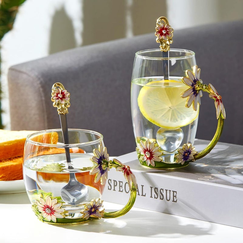 DUMVOIN Glass Fancy Tea Cup Set Birthday Christmas Valentines Day Gift Idea for Tea Lover and Women Novelty Coffee Mugs Rose Flower Enamel Glass Mug with Spoon Set - Image 3