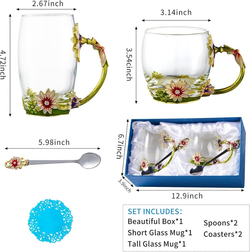 DUMVOIN Glass Fancy Tea Cup Set Birthday Christmas Valentines Day Gift Idea for Tea Lover and Women Novelty Coffee Mugs Rose Flower Enamel Glass Mug with Spoon Set - Image 4